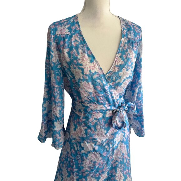 HANNAH Artwear Blue Floral 100% Silk Midi Wrap Dress One / Free Size - Picture 14 of 15